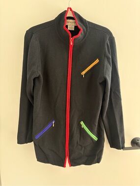 VNTG 80s Bloomingdales Black Wool Zip Sweater Rainbow Retro Pockets Hong Kong